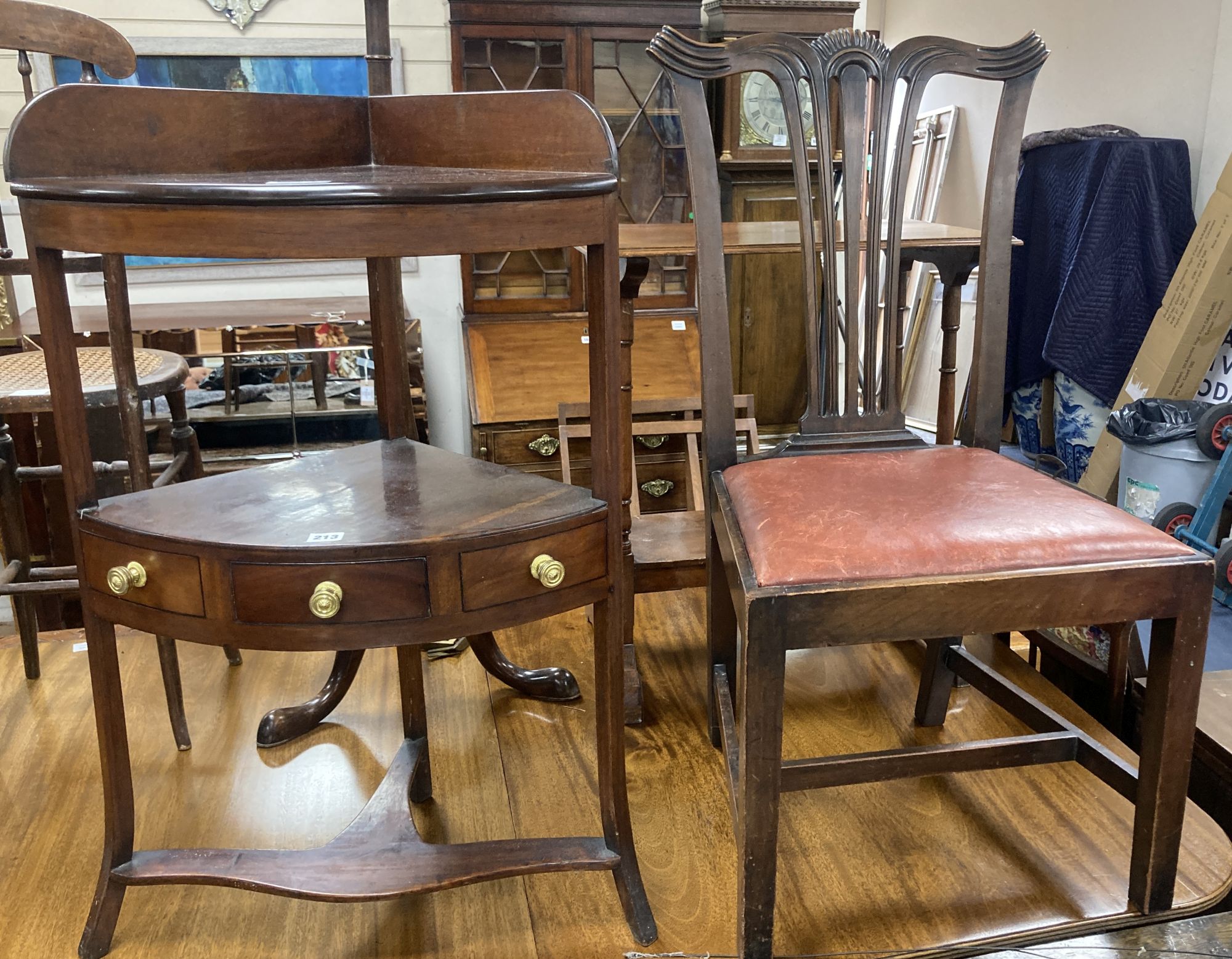 A George III mahogany corner washstand, width 55cm, depth 37cm, height 90cm, together with a dining chair